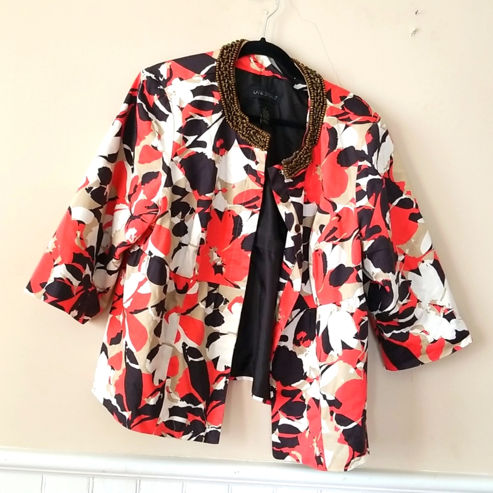 Lane Bryant floral boxy jacket floral w boho wood bead collar trim sz 16